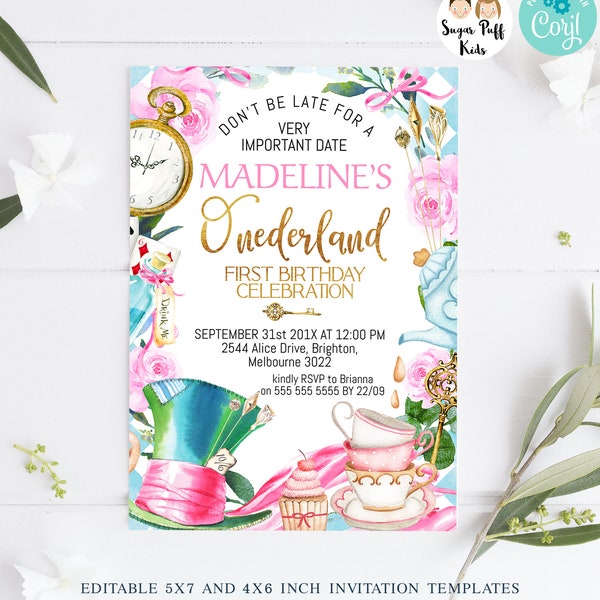 Editable Alice in Onederland Birthday Invite, Printable Mad Hatter Hat Birthday Invite, Instant Download Alice in One-derland Party Invite,