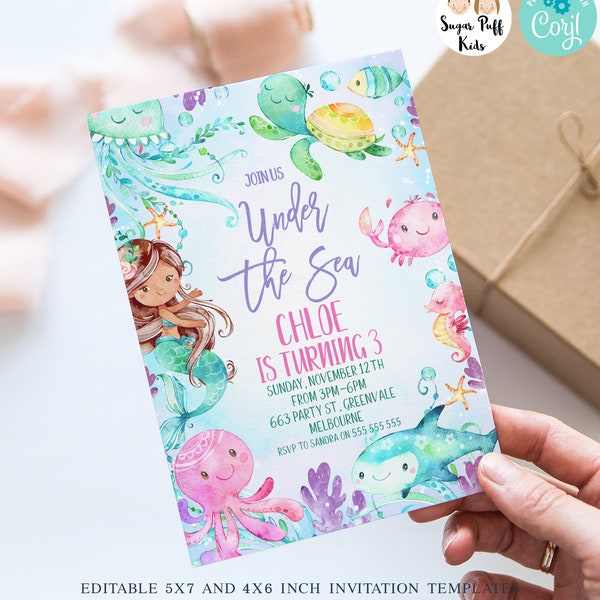 Editable Under The Sea Brown Hair Mermaid Birthday Invite, Printable Under the Sea Invitation, Instant Under Sea Mermaid Birthday Party