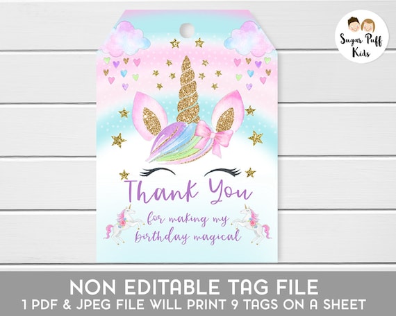 Rainbow Unicorn Birthday Favor Tags, Instant Download unicorn favor tag ...