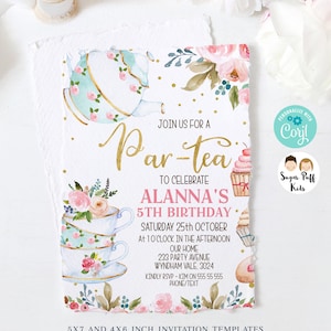 Editable Blue Pink Floral Par-tea birthday invite, Printable Tea Party invite, Instant download par-tea birthday invitation, Floral teapot