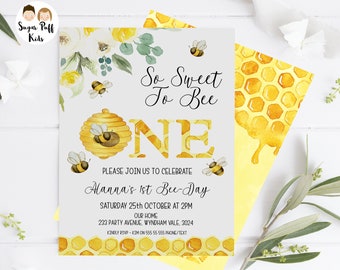 Printable So Sweet To Bee First Birthday Invite, Editable Girls Floral Bumble Bee 1st Birthday invite, Instant Download Hive Bee Invite,