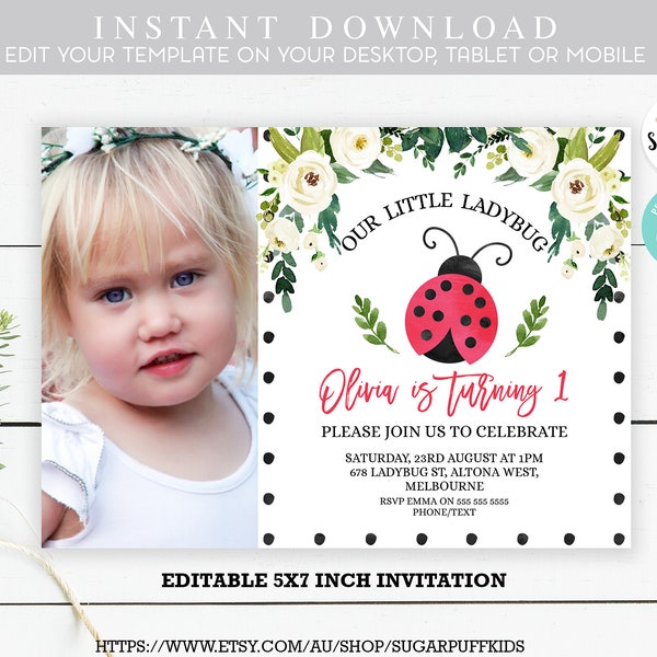 Photo ladybug Birthday Invitation, Girls Floral Ladybug Birthday Invitation, Little Ladybug Birthday Invitation, Ladybug birthday invitation