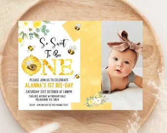 Printable So Sweet To Bee First Birthday Invitation, Editable Girls Bumble Bee Daisy 1st Birthday invite, Daisies Bee Invitation Template