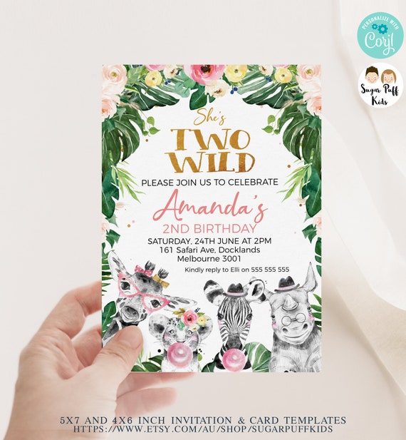Editable Safari animals two wild invitation, Printable Drawn Jungle