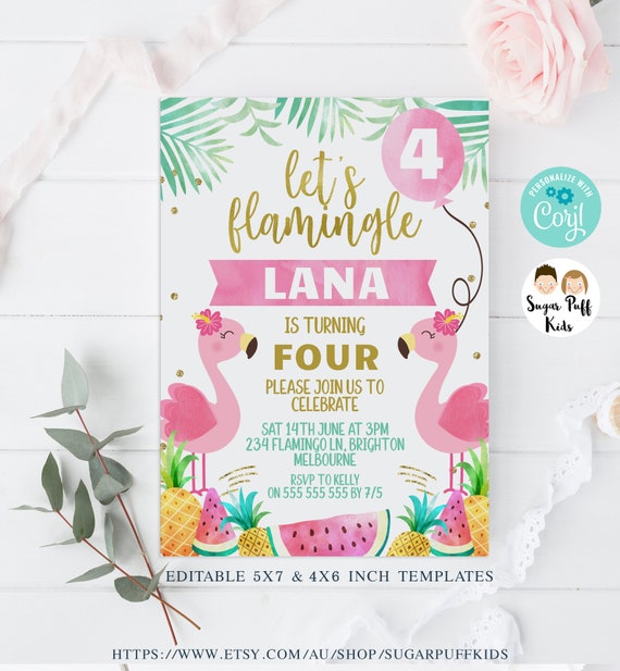 Editable Let's Flamingle Fruit Pink Balloon Birthday Party Invitation, Printable Flamingo Birthday Invite, Instant Let's Flamingle Invite Il_570xn