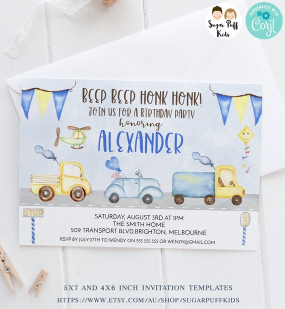Instant Download Waterolcor Transport Birthday Invitation, Printable Transport Birthday Invite, Boys Blue Editable Cars And Trucks Invite Il_570xn