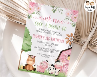 Printable Pink Floral Barn Farm Birthday Invite, Girls Editable Farm invitation, Instant Download Oink Moo Pink Floral Farmyard Invitation