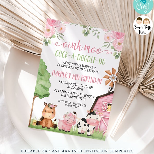 Printable Pink Floral Barn Farm Birthday Invite, Girls Editable Farm invitation, Instant Download Oink Moo Pink Floral Farmyard Invitation