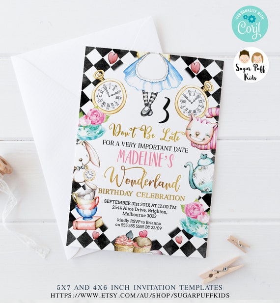 Printable Alice in Wonderland Invite, Editable Black Instant