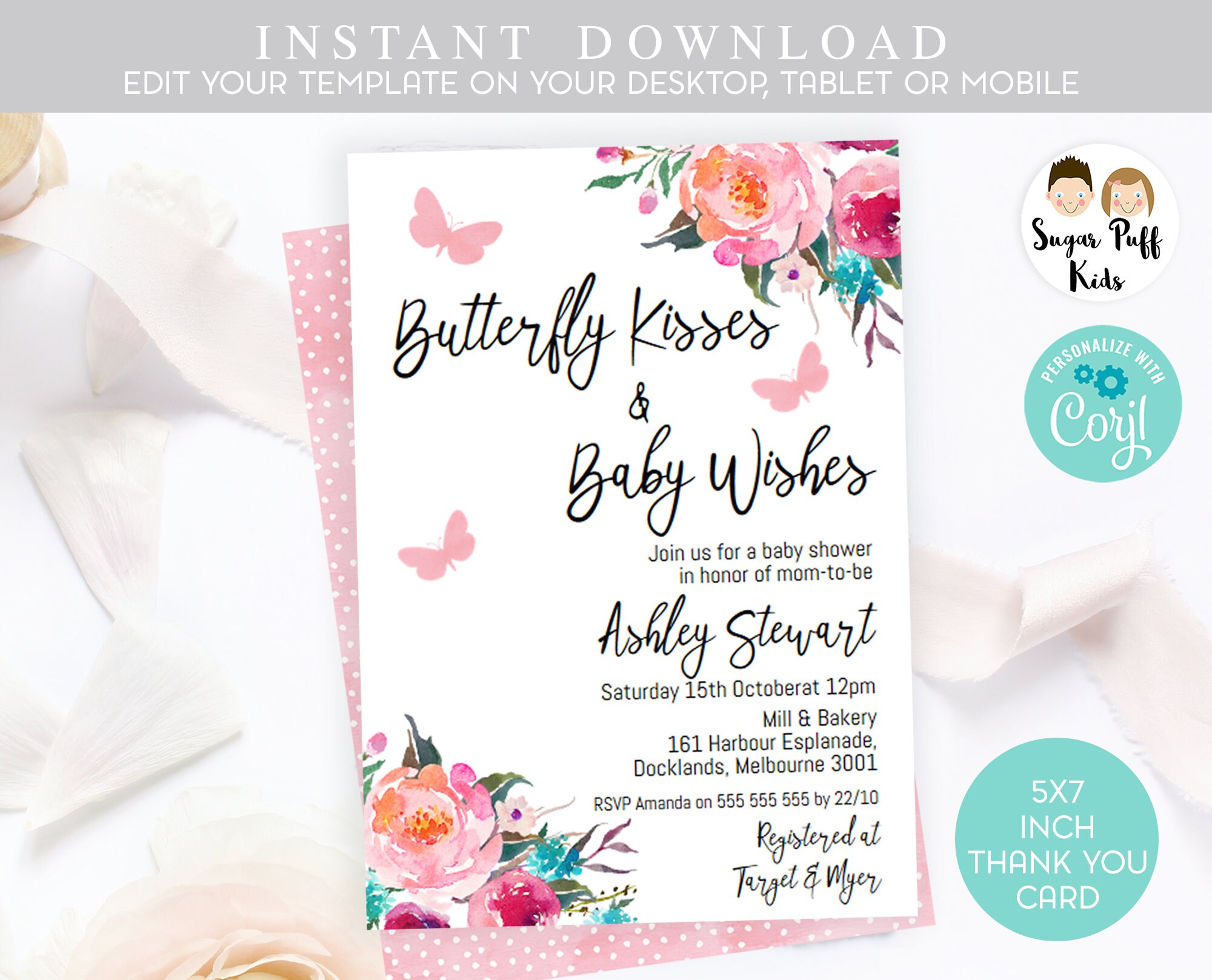 Printable Butterfly Kisses Baby Shower Invitations Butterfly Etsy