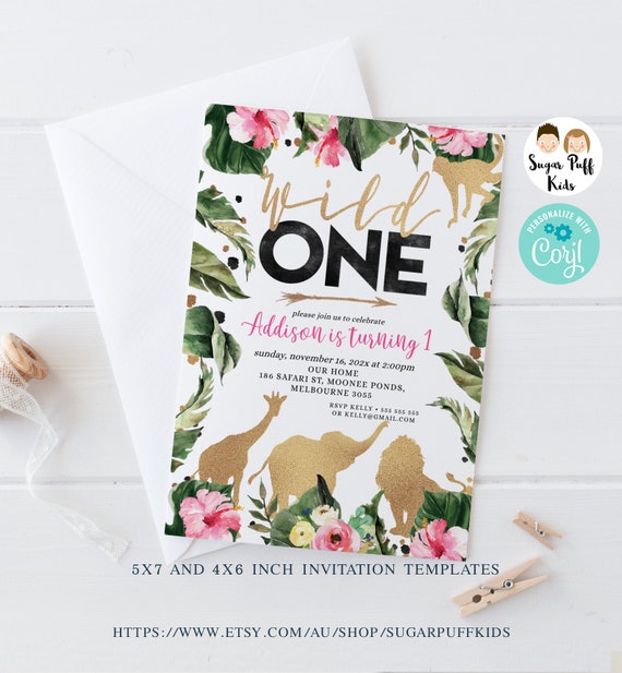 Editable Safari Animals Wild One Birthday Invitation Girl, Safari 1st Birthday Pary Zoo Animals Tropical Birthday Invitation Safari Animals Il_570xn