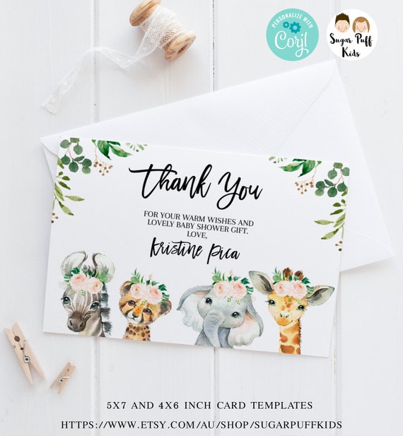 Editable safari animals baby shower thank you card, Printable Safari