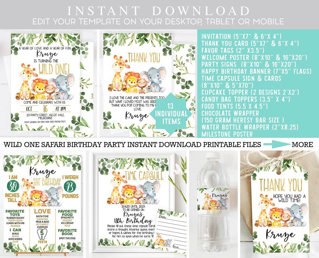 Wild One Safari Birthday Party Printables Jungle Safari - Etsy