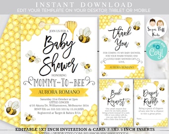 Bee Themed Baby Shower Invitations, Instant mommy-to-be baby shower invitation, Bee baby shower Diper Raffle, Printable Bee Baby Shower BS10