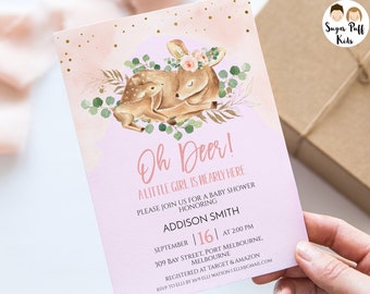 Instant Download Oh Deer baby shower invite, Editable girls floral deer baby shower invitation, Printable deer and fawn baby shower invite,