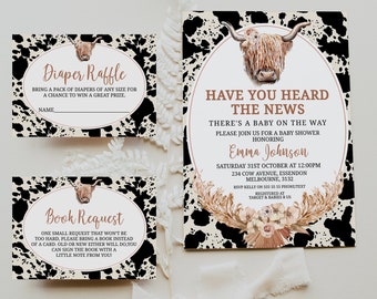 Printable Boho Floral Highland Cow Baby Baby Shower Invitation, Boho Cow Daiper Raffle Insert, Editable Brown Cow Book Request, Cow Print