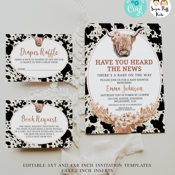 Printable Boho Floral Highland Cow Baby Baby Shower Invitation, Boho Cow Daiper Raffle Insert, Editable Brown Cow Book Request, Cow Print