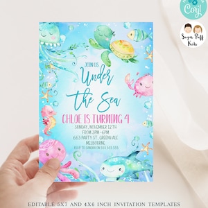 Invitación de cumpleaños editable bajo el mar, acuarela imprimible bajo la invitación de la tortuga marina, fiesta de criaturas marinas de verano de descarga instantánea,