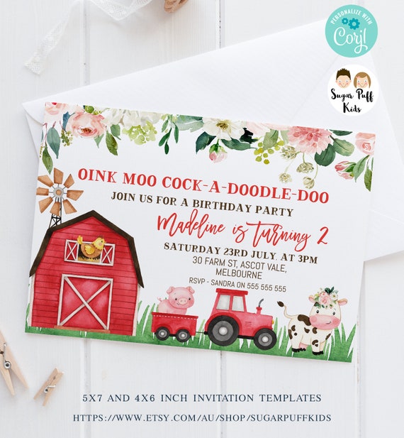 Red Farm Birthday Invitation, Farm birthday invitation, Girls farm ...