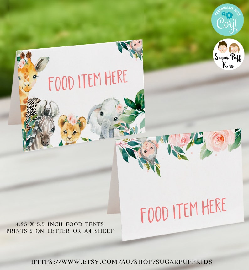 Editable Safari Animals Birthday Party Food Tents Printable Floral Safari Party Food Labels Instant Download Jungle Animals