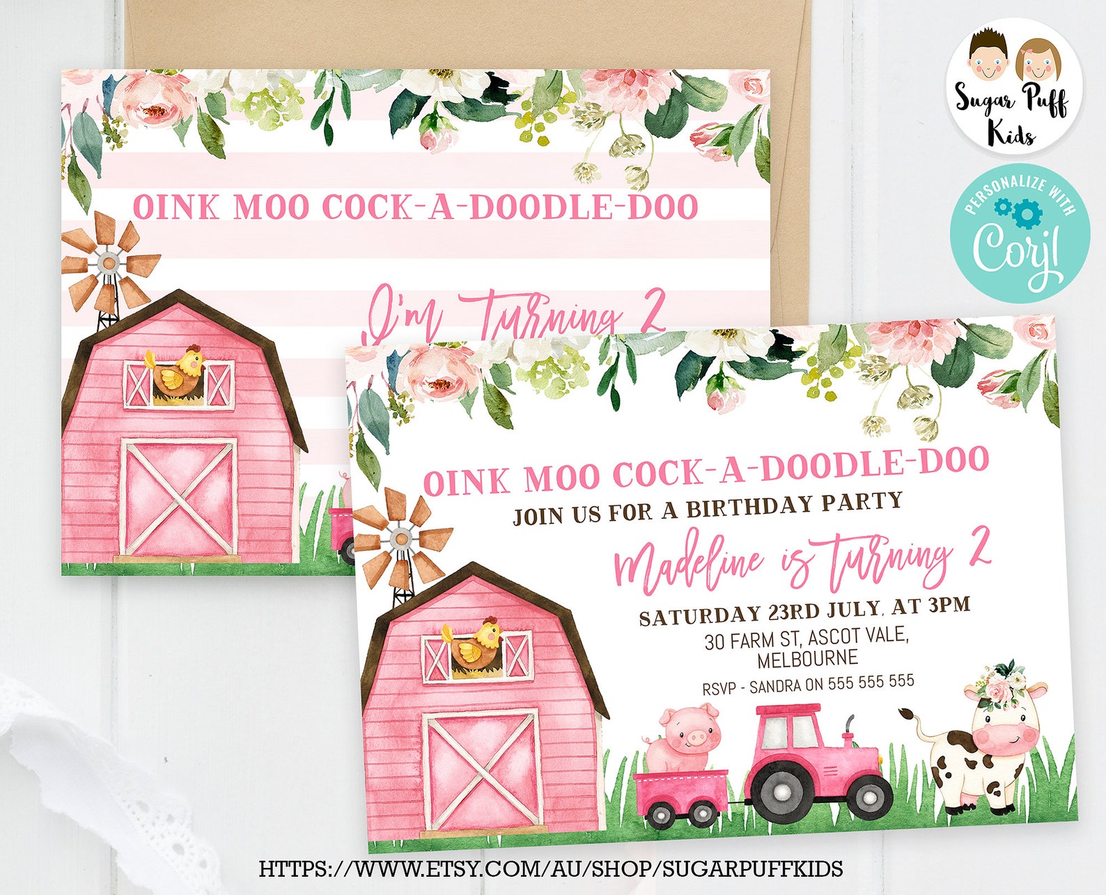 Pink Farm Birthday Invitation Farm Birthday Invite Editable Etsy