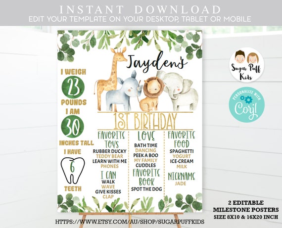 Safari Wild One Milestone Poster, Jungle Animals 1st Birthday Milestone Banner, Safari Birthday Milestone Poster, 1st Birthday Banner, Il_570xn