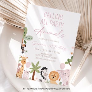 Printable Girls Party Animals 1st Birthday Invite, Jungle Themed Birthday Invite, Editable Girls Safari Animals Birthday Invitation Template