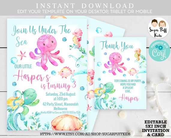 Under The Sea Birthday Invitation, Under the sea invite, Under the Sea Birthday Invitation Template, Instant Under The Sea Invitation, US1 Il_570xn