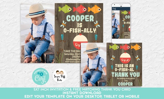 Photo Fishing birthday Invitation, Editable ofishal photo birthday invitation, Instant download Ofishally one invite, Fishing 1st Birthday Il_570xn