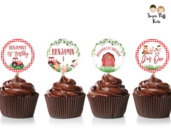 Editable Red Farm Cupcake Toppers, Printable Red Barn Birthday Cupacke Toppers, Instant Download Red Tractor Farmyard Cupcake Toppers