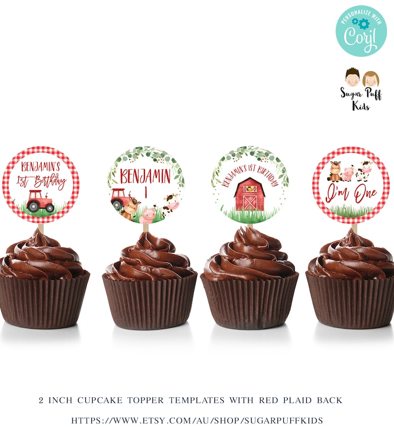 Editable Red Farm Cupcake Toppers Printable Red Barn Birthday Etsy