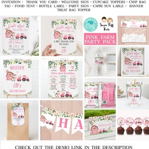 Editable Pink Barn Tractor Farm Birthday Party Printable Package, Printable Pink Floral Farmyard Birthday Decor, Barnyard Party Printables,
