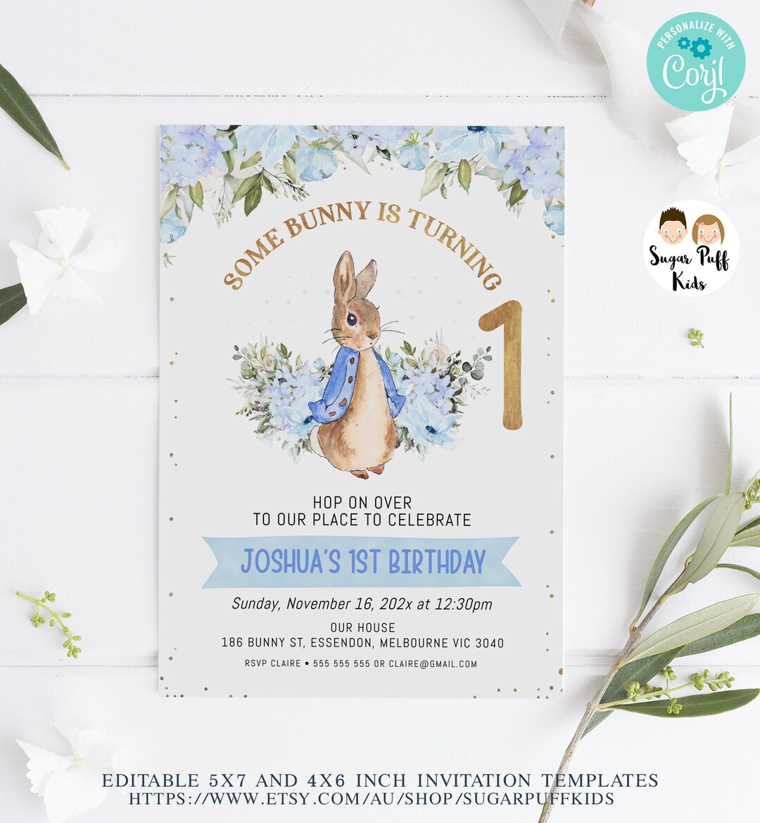 Printable Peter Rabbit Birthday Invitations, Instant Download Blue ...