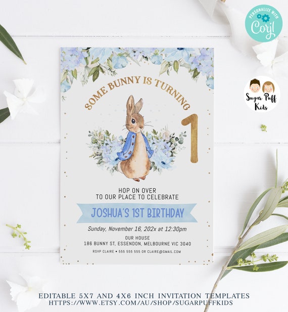 Peter Rabbit Printable Birthday Party Decorations, Blue and Gray