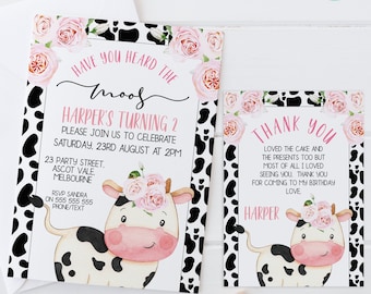 Printable Pink Floral Have You Heard The Moos Cow Birthday Invite, Editable Cow Print invitation, Instant Download Girls Cow Invite, C1