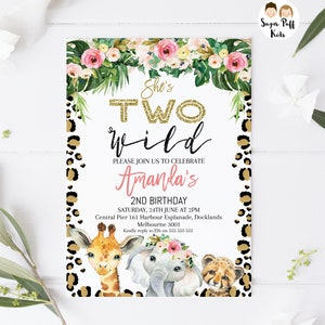 Cheetah Print Safari Two Wild invitation, Instant download Floral Two Wild Birthday Invitation, Printable Floral Jungle Two Wild Invite