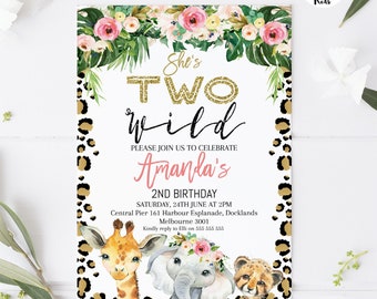 Cheetah Print Safari Two Wild invitation, Instant download Floral Two Wild Birthday Invitation, Printable Floral Jungle Two Wild Invite