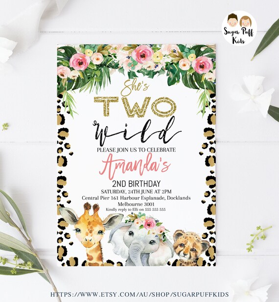 Cheetah Print Safari Two Wild invitation, Instant download Floral Two Wild Birthday Invitation, Printable Floral Jungle Two Wild Invite Il_570xn