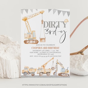 Editable Dirty 3rdy Birthday Invitation, Crane Party, Construction 3rd Birthday Invitation, Printable Construction 3rd Birthday Invitation