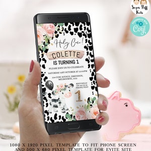 Editable Electronic Phone Holy Cow Print Birthday Invite, Holy Cow Evite Invitation, Cow Print, Instant Download Cow Themed Birthday Evite,