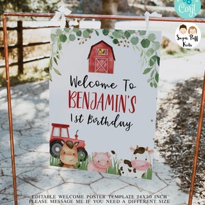 Editable Boys Red Farm Birthday Welcome Sign, Printable Red Barn Welcome Party Sign, Instant Download Red Tractor Farmyard Welcome Sign,