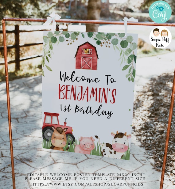Editable Boys Red Farm Birthday Welcome Sign Printable Red Etsy 日本