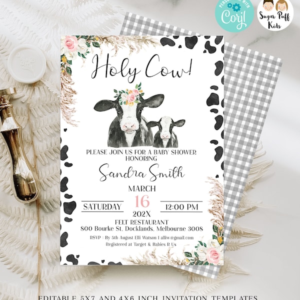 Printable Black White Cow Calf Baby Baby Shower Invite, Instant Download Cow Invite, Editable Cow baby Shower Invitation, Boho Floral Pampas