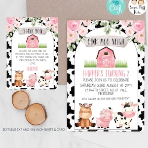 Printable Pink Farm Birthday Invite, Editable Girls Floral Farmyard invitation, Instant Oink Neigh Moo Farm Invitation, Farm Thank You card