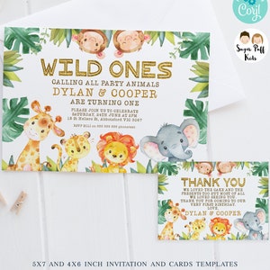 Editable Joint Wild Ones Twins Birthday Invitation,Instant Download Printable Joint First Birthsday Jungle Animals Invitation, Gold