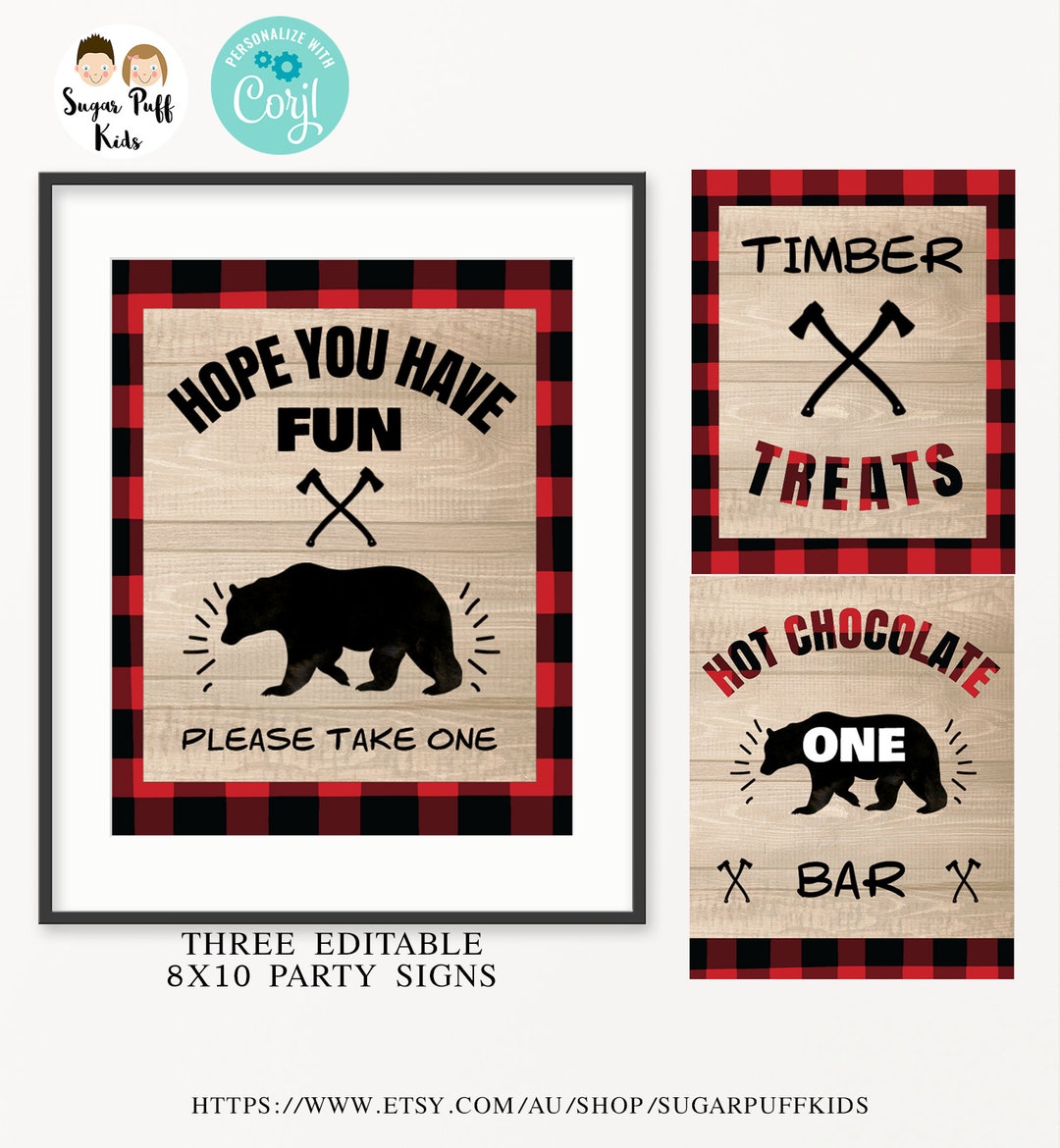 EDITABLE Instant Download Lumberjack Party Signs, Wilderness Bear ...
