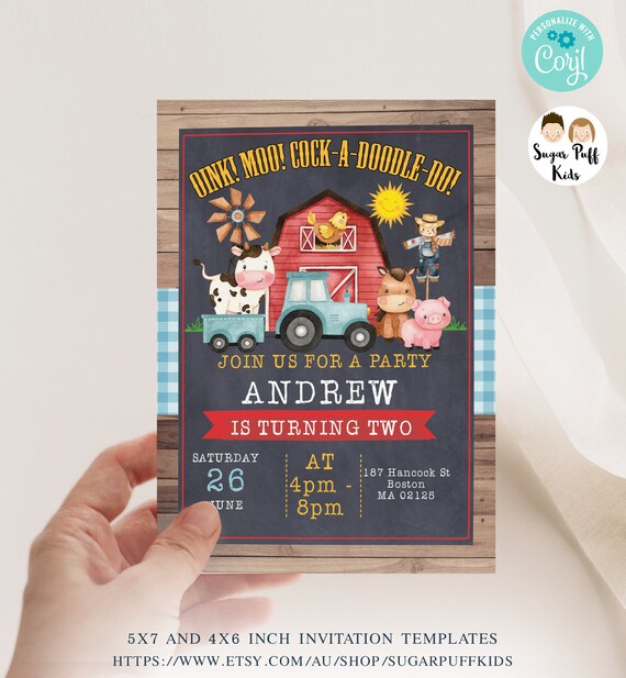 Printable Boys Blue Plaid Farm Animals Birthday Invitations, Instant Farmyard birthday invite, Editable Farm Chalkboard Birthday Invitation Il_570xn