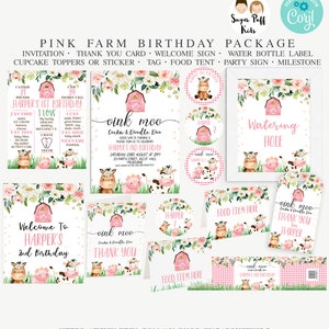 Editable Pink Farm Birthday Party Printable Package, Printable Pink Floral Farm Birthday Party Decor, Barnyard Farmyard Party Printables,