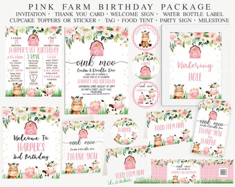 Editable Pink Farm Birthday Party Printable Package, Printable Pink Floral Farm Birthday Party Decor, Barnyard Farmyard Party Printables,