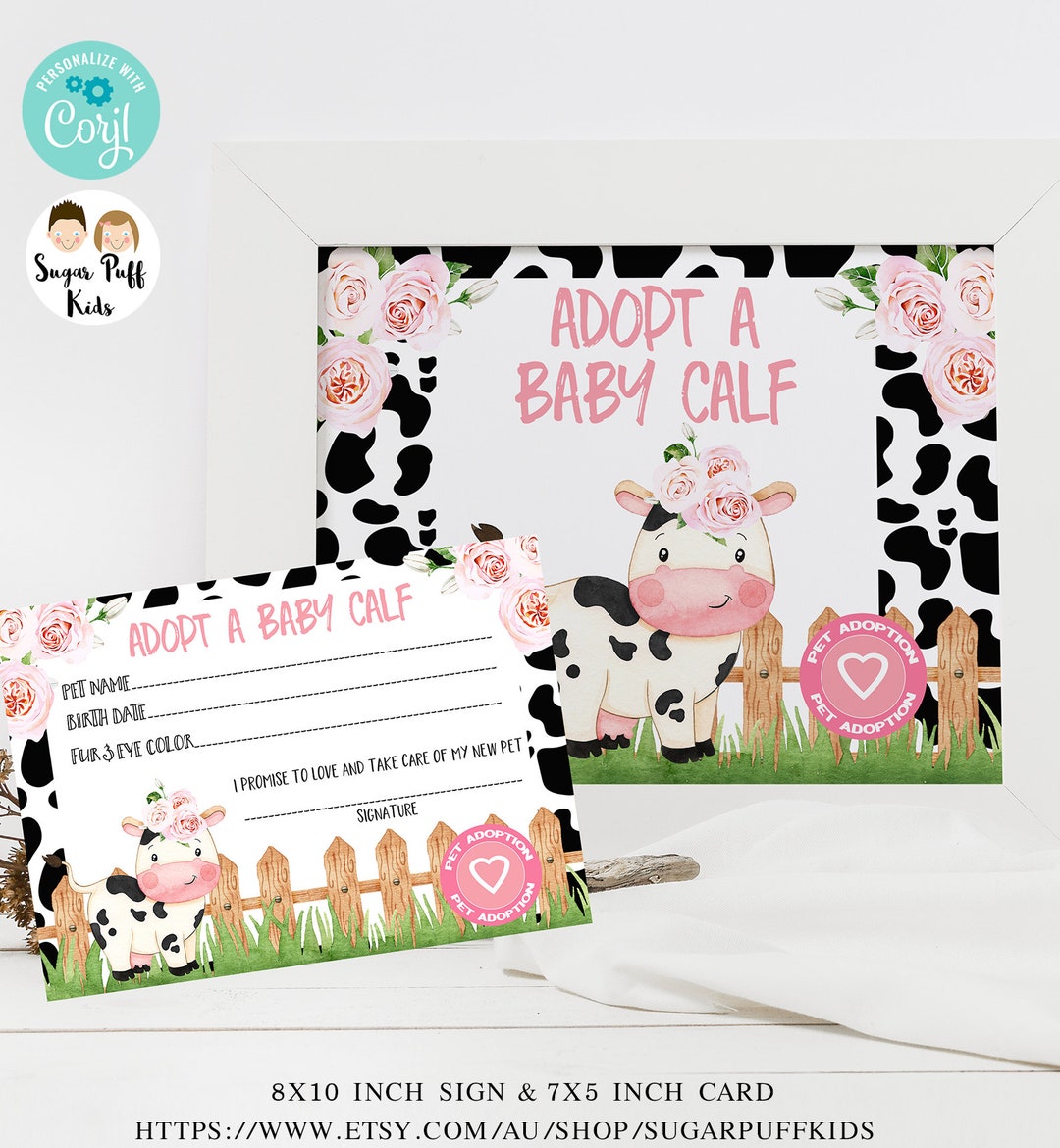 Editable Pink Floral Cow Adopt a Calf Sign, Printbale Cow Print Pet